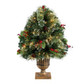 3' Holiday Pre-Lit Snow Tip Greenery, Berries and Pinecones Plant in Urn with 100 LED Lights - Che Cose Belle
