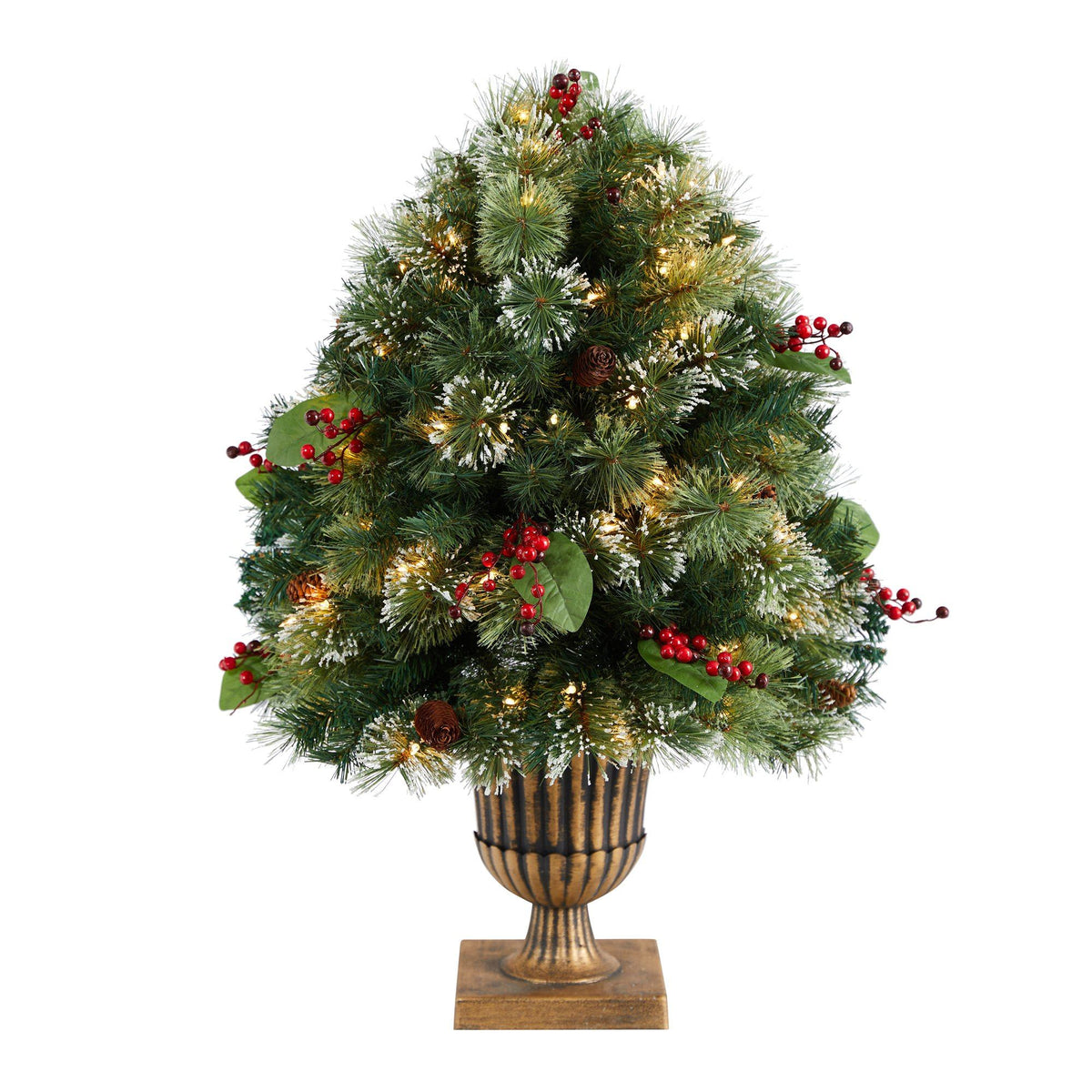 3' Holiday Pre-Lit Snow Tip Greenery, Berries and Pinecones Plant in Urn with 100 LED Lights - Che Cose Belle