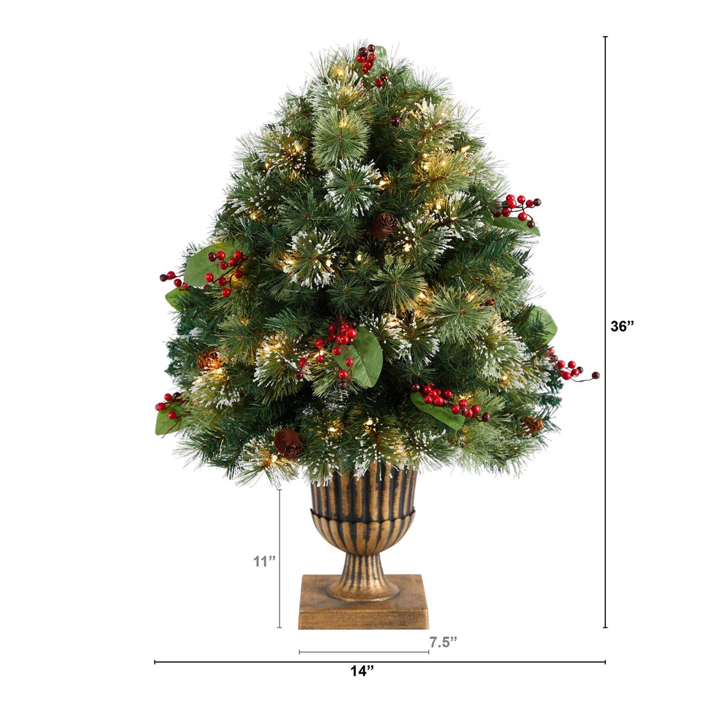 3' Holiday Pre-Lit Snow Tip Greenery, Berries and Pinecones Plant in Urn with 100 LED Lights - Che Cose Belle