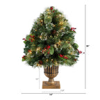 3' Holiday Pre-Lit Snow Tip Greenery, Berries and Pinecones Plant in Urn with 100 LED Lights - Che Cose Belle