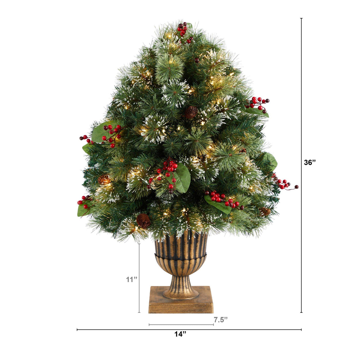 3' Holiday Pre-Lit Snow Tip Greenery, Berries and Pinecones Plant in Urn with 100 LED Lights - Che Cose Belle