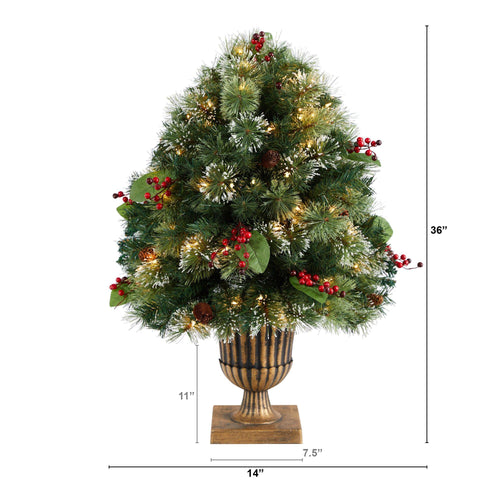 3' Holiday Pre-Lit Snow Tip Greenery, Berries and Pinecones Plant in Urn with 100 LED Lights - Che Cose Belle