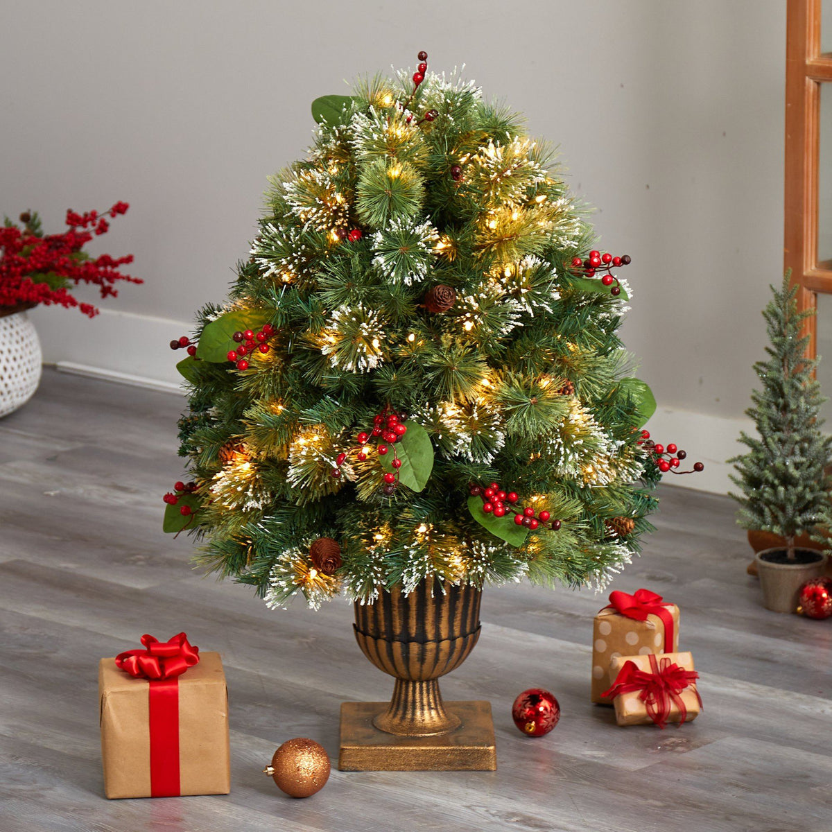 3' Holiday Pre-Lit Snow Tip Greenery, Berries and Pinecones Plant in Urn with 100 LED Lights - Che Cose Belle