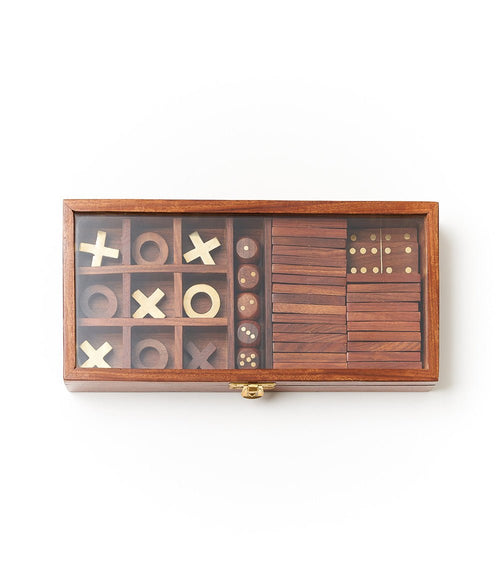 3-in-1 Game Set Dice, Dominoes, Tic Tac Toe - Handcrafted Wood - Che Cose Belle