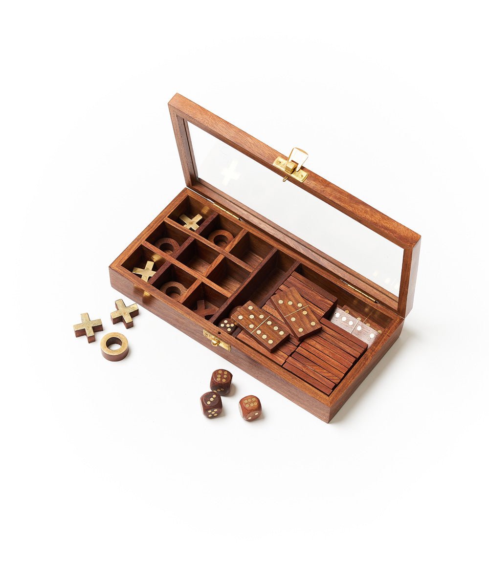 3-in-1 Game Set Dice, Dominoes, Tic Tac Toe - Handcrafted Wood - Che Cose Belle