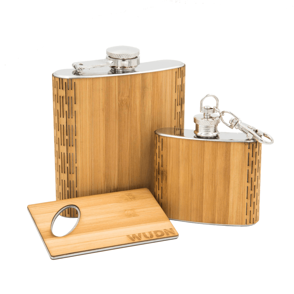 3-Piece Wooden Flask Set (6 oz. Hip Flask, 2 oz. Keychain Flask, Credit Card Bottle Opener) - Che Cose Belle