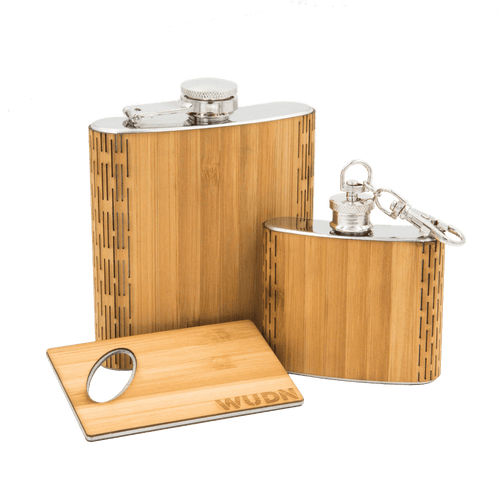 3-Piece Wooden Flask Set (6 oz. Hip Flask, 2 oz. Keychain Flask, Credit Card Bottle Opener) - Che Cose Belle