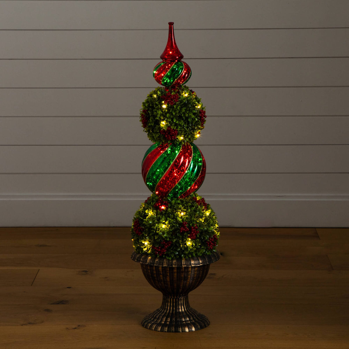 3' Pre-Lit Artificial Christmas Ornament Boxwood Topiary Tree with 70 Warm White LED Lights - Che Cose Belle