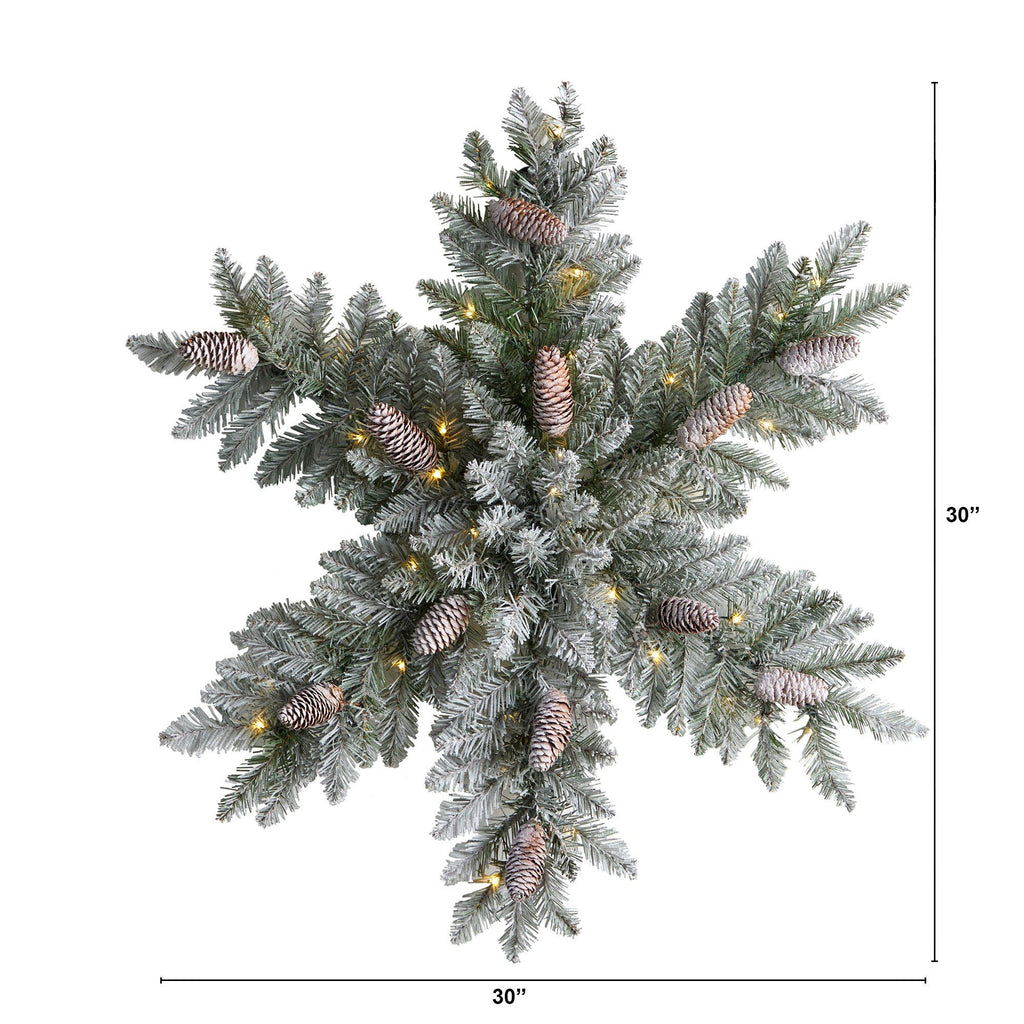 30” Pre-Lit Flocked Snowflake Artificial Dunhill Fir Wreath with Pinecones and 40 LED Lights - Che Cose Belle