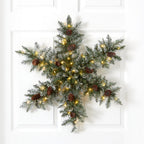 30” Pre-Lit Flocked Snowflake Artificial Dunhill Fir Wreath with Pinecones and 40 LED Lights - Che Cose Belle