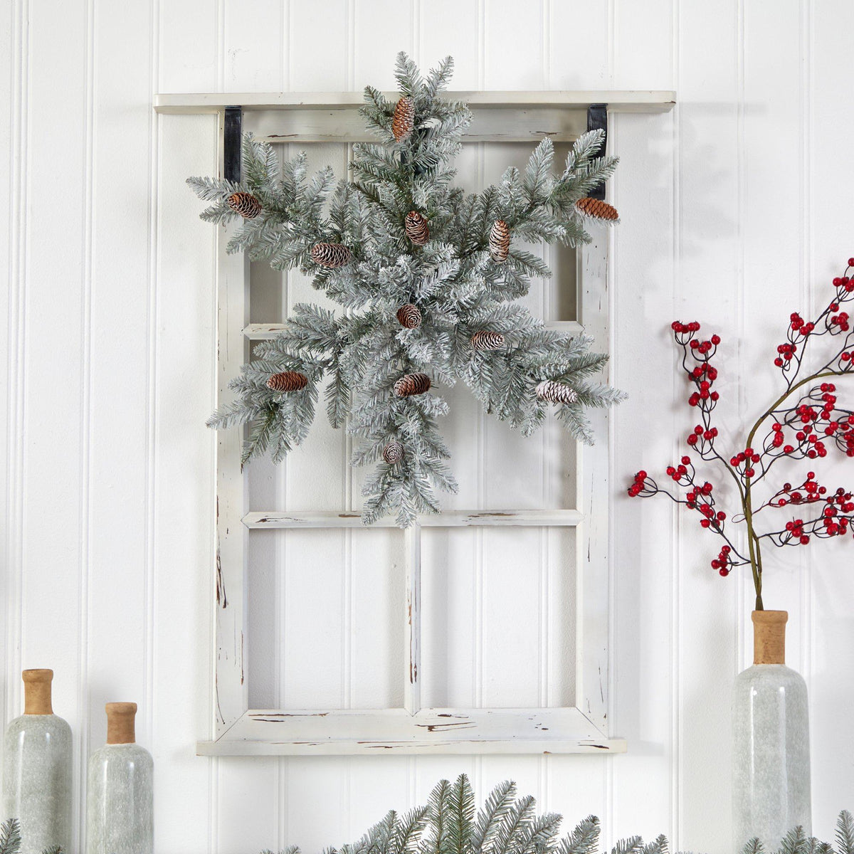 30” Pre-Lit Flocked Snowflake Artificial Dunhill Fir Wreath with Pinecones and 40 LED Lights - Che Cose Belle