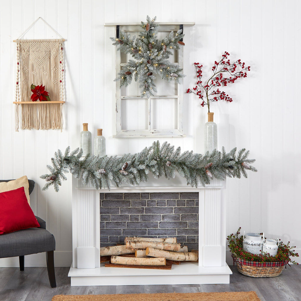 30” Pre-Lit Flocked Snowflake Artificial Dunhill Fir Wreath with Pinecones and 40 LED Lights - Che Cose Belle