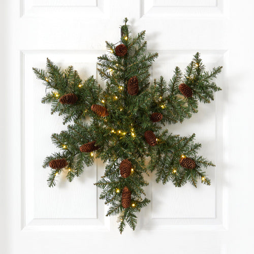 30” Pre-Lit Snowflake Artificial Dunhill Fir Wreath with Pinecones and 40 LED Lights - Che Cose Belle