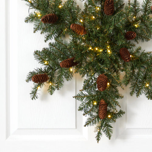 30” Pre-Lit Snowflake Artificial Dunhill Fir Wreath with Pinecones and 40 LED Lights - Che Cose Belle