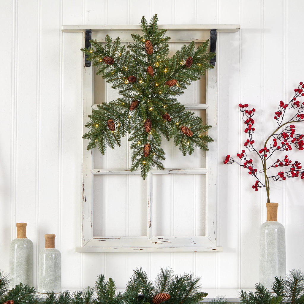 30” Pre-Lit Snowflake Artificial Dunhill Fir Wreath with Pinecones and 40 LED Lights - Che Cose Belle