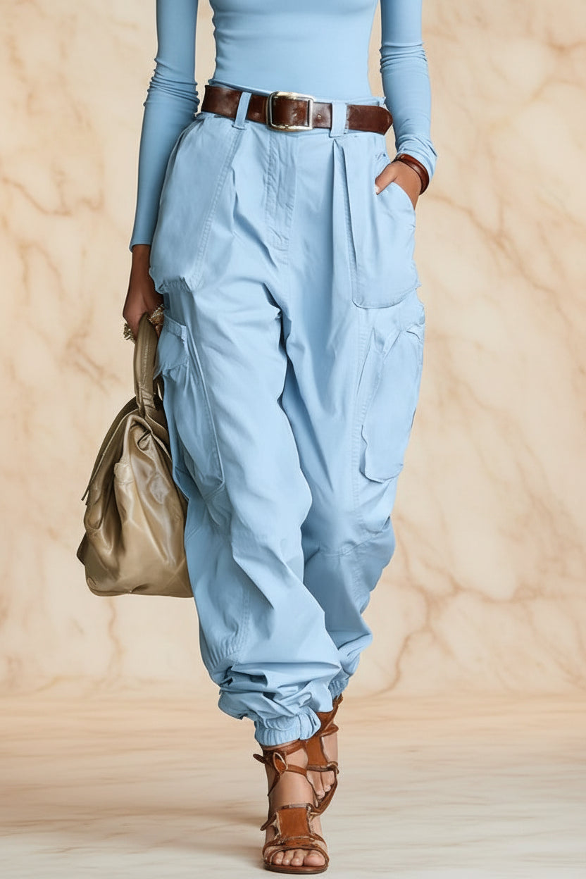 Women's High-Waist Cargo Parachute Pants with Elastic Ankle Cuffs