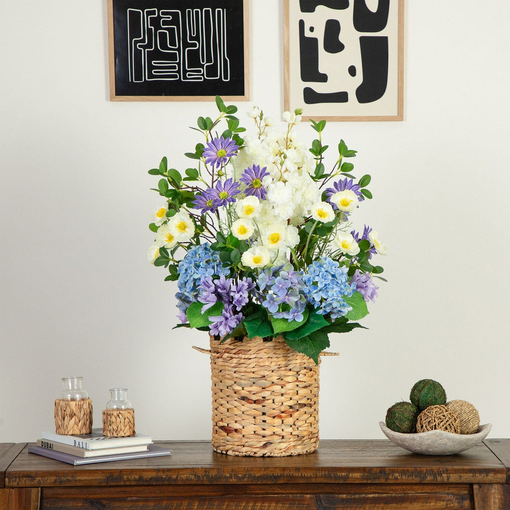31” Artificial Mixed Flower & Hydrangea Arrangement in Hyacinth Weave Basket - Che Cose Belle