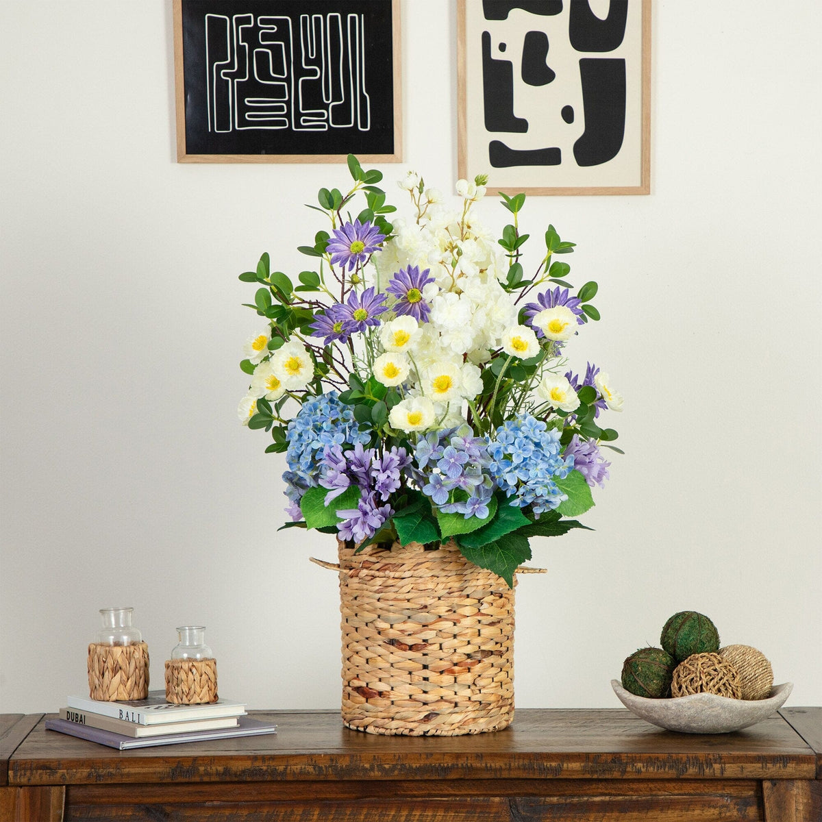 31” Artificial Mixed Flower & Hydrangea Arrangement in Hyacinth Weave Basket - Che Cose Belle