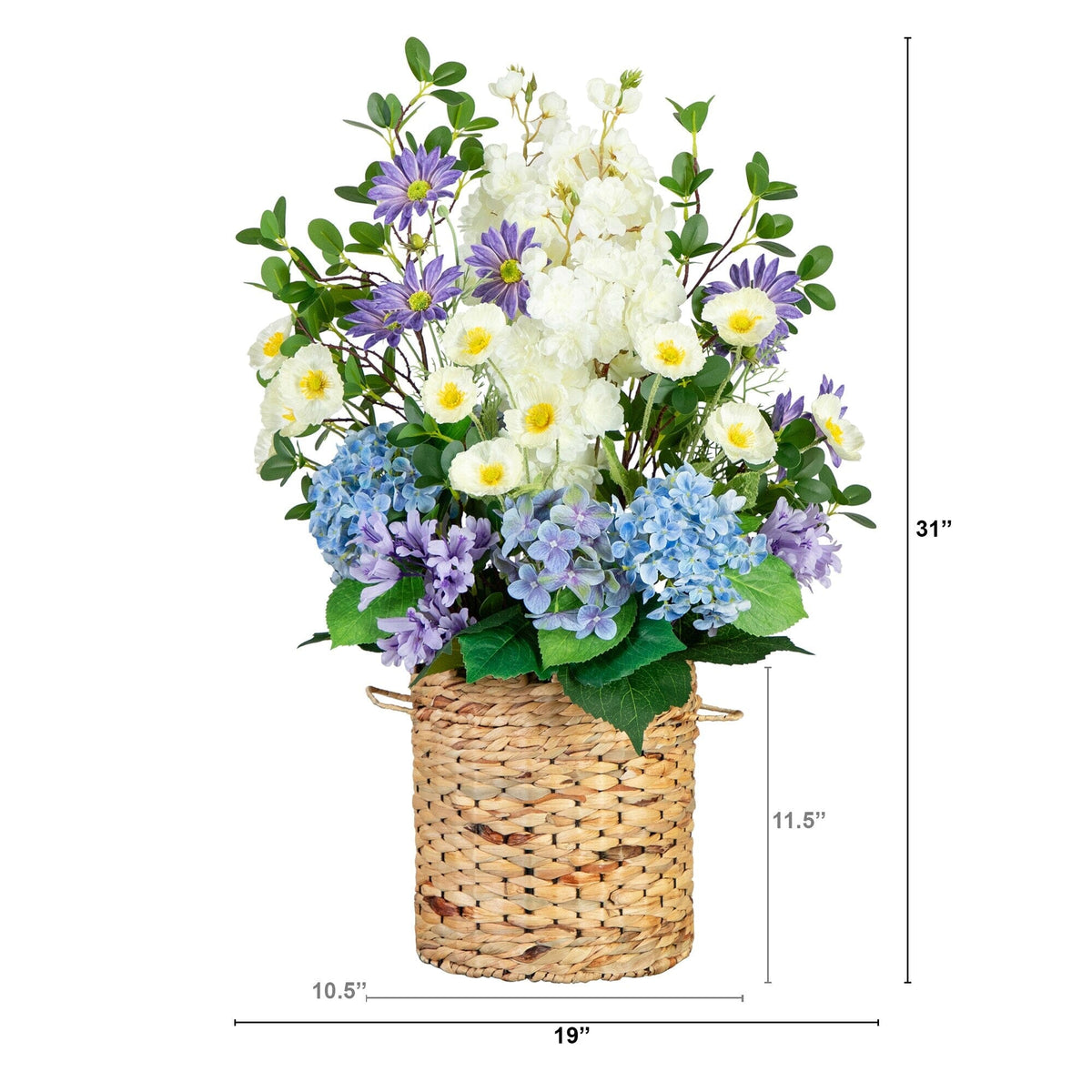 31” Artificial Mixed Flower & Hydrangea Arrangement in Hyacinth Weave Basket - Che Cose Belle