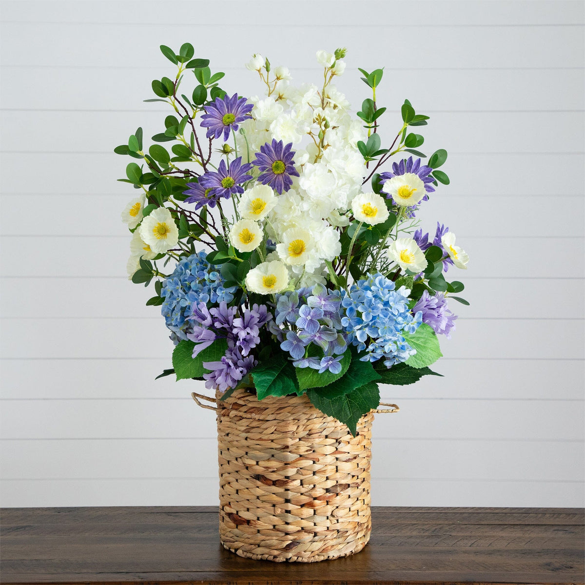 31” Artificial Mixed Flower & Hydrangea Arrangement in Hyacinth Weave Basket - Che Cose Belle