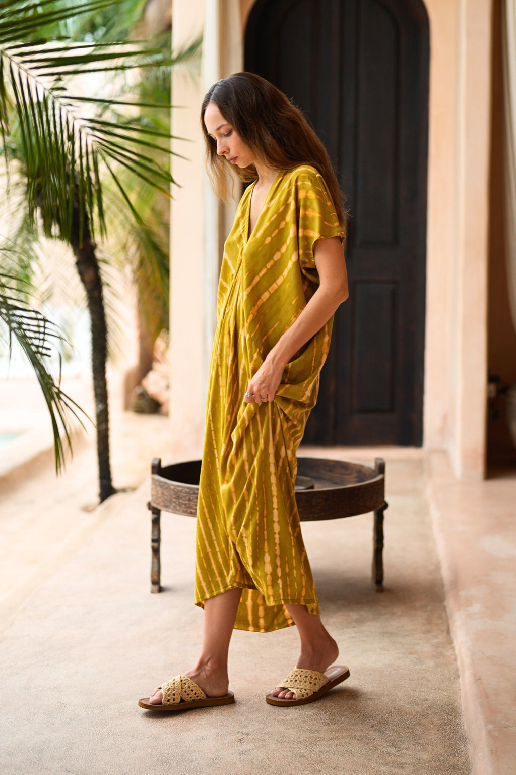 Madella Hand Dyed Kaftan Dress in Lemongrass