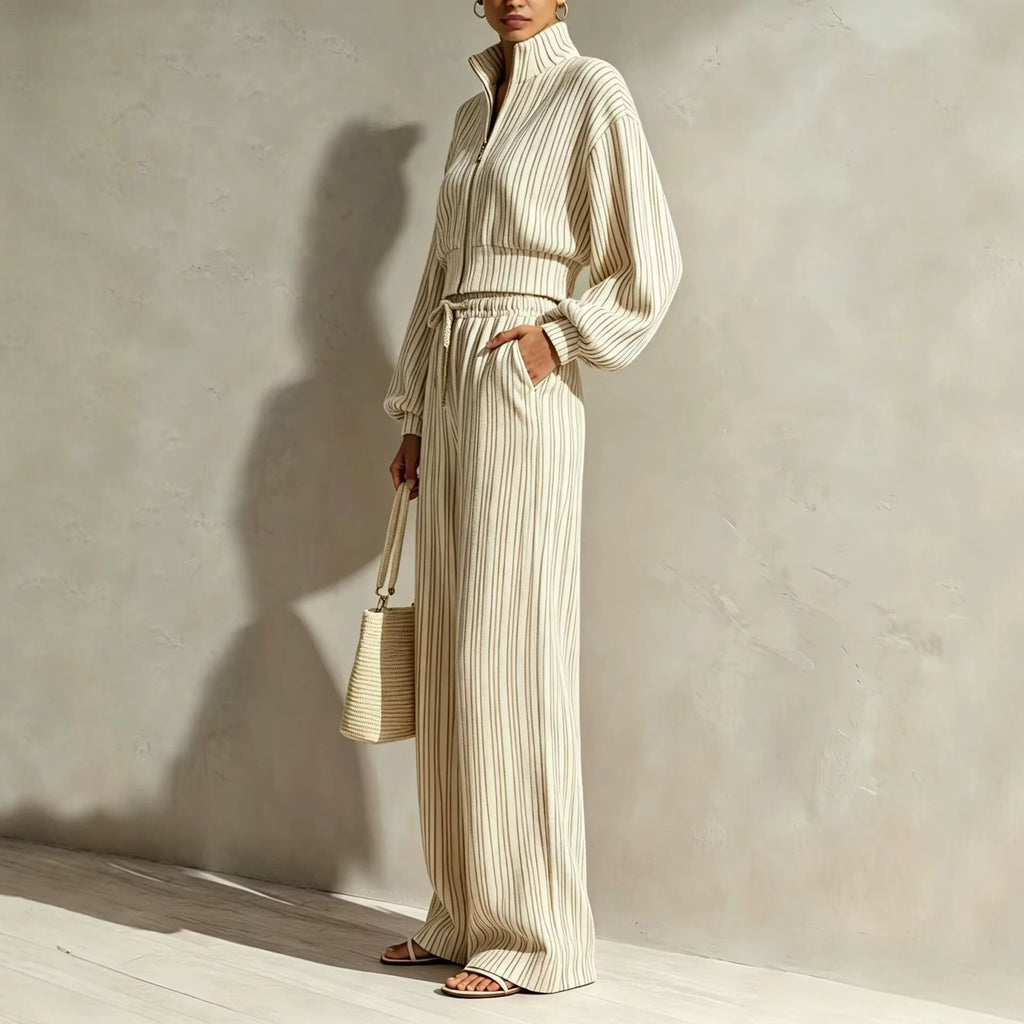 Women's Textured Woven-Stripe Puff-Sleeve Zip Jacket & Wide-Leg Pants Set