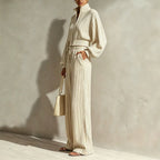 Women's Textured Woven-Stripe Puff-Sleeve Zip Jacket & Wide-Leg Pants Set