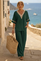 Women's Embroidered V-Neck Top & Wide-Leg Pants Set | Two-Piece Outfit