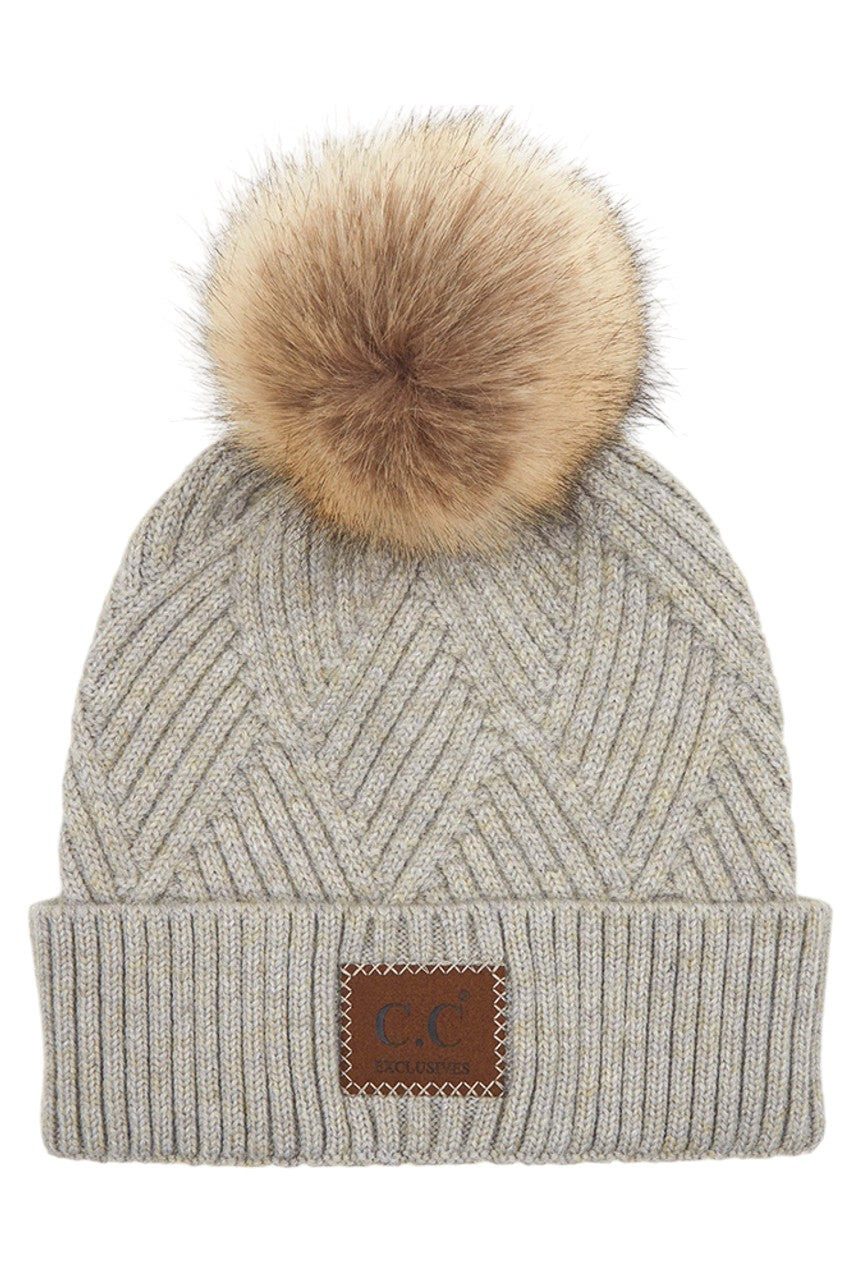 C.C Women's Heather Beanie Hat With Pom And Suede Patch