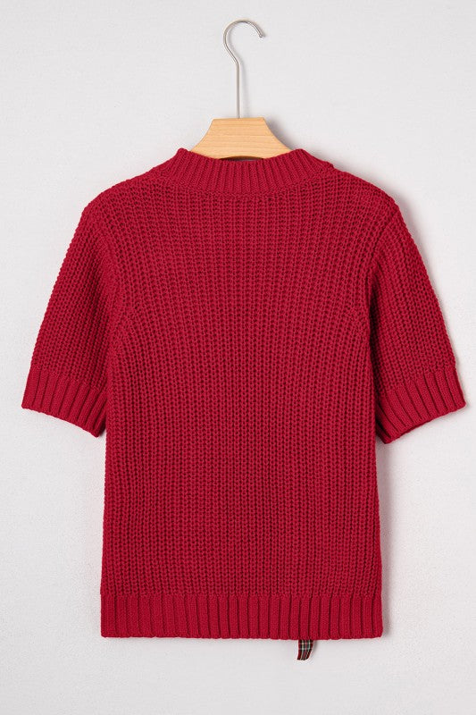 Red Plaid Lace-Up Puff Sleeve Sweater