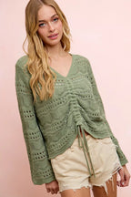 BiBi Pointelle Knit V Neck Ruched Front Lightweight Top