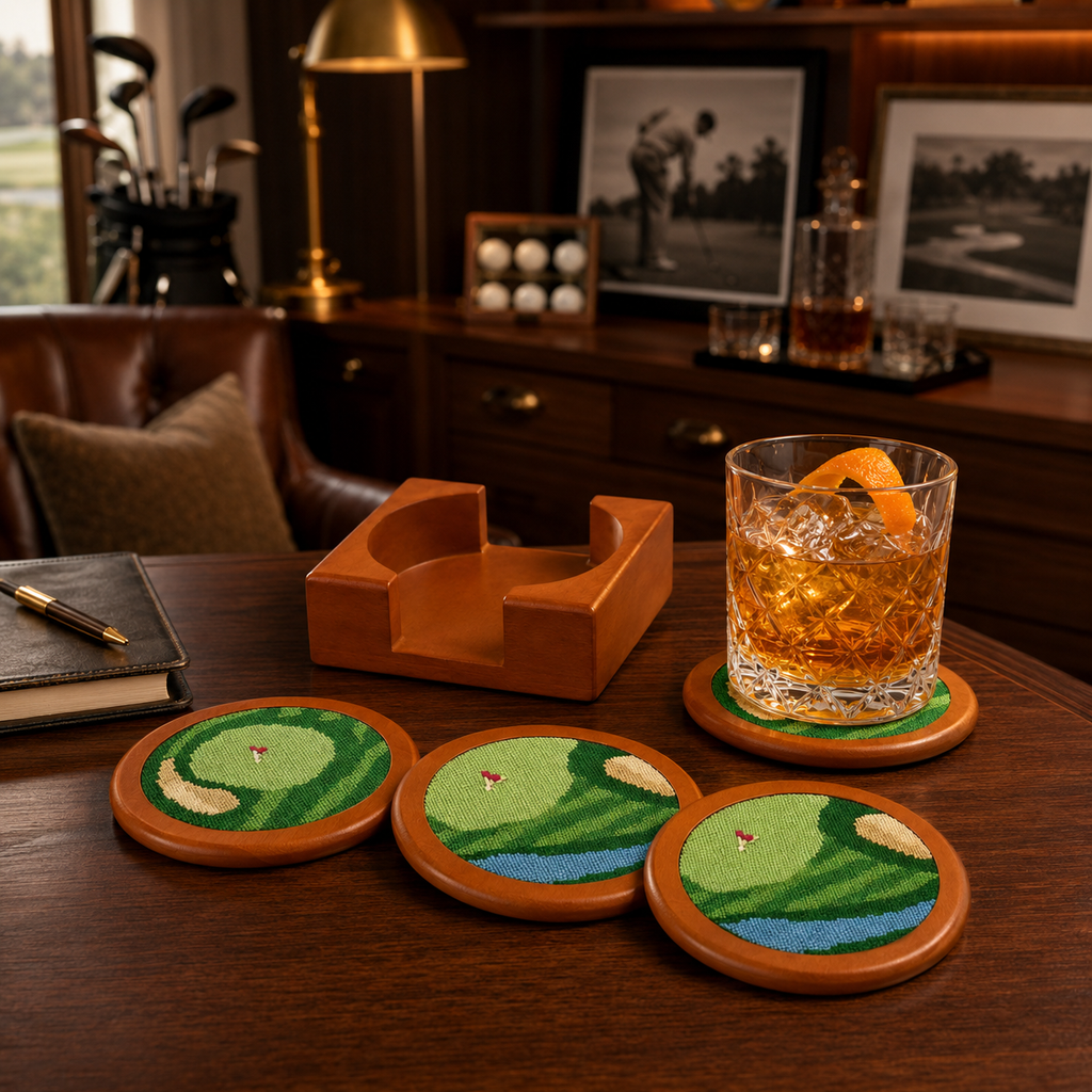 Golf Coasters, Durable Wooden Drink Coasters with Holder