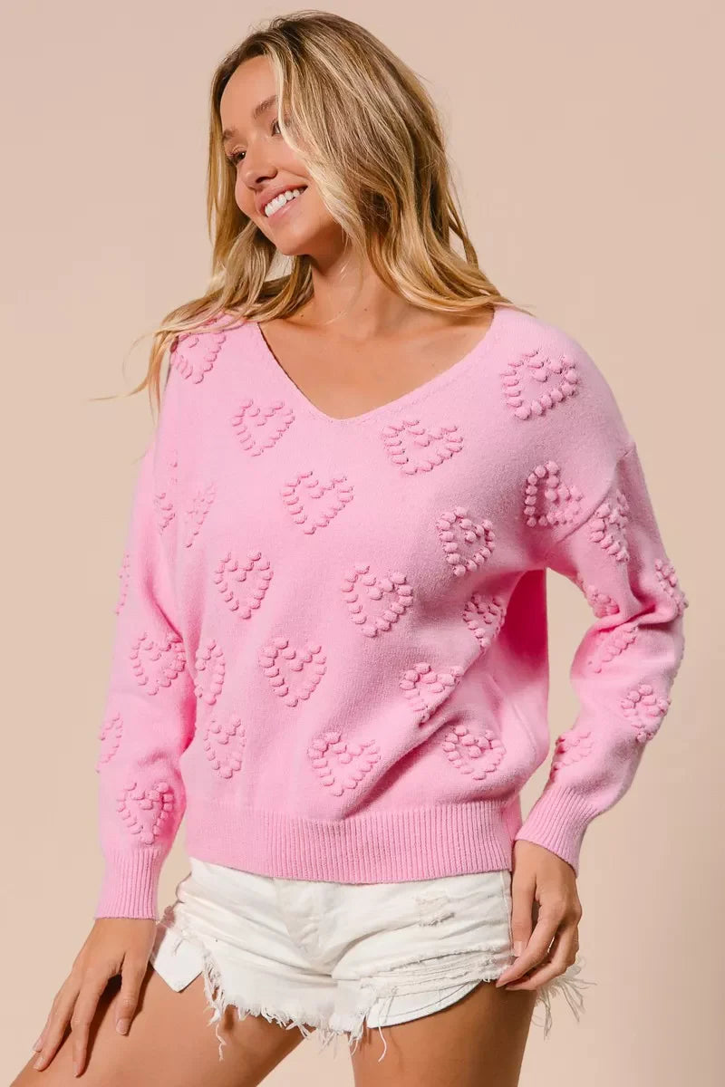 BiBi Valentines Heart Pompom V Neck Knit Top