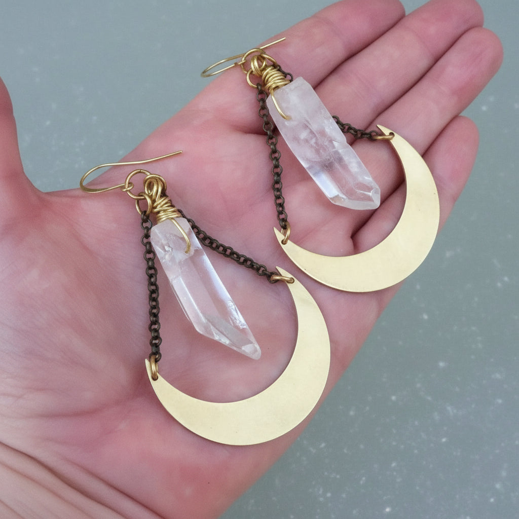 Quartz Point Earrings — Handcrafted Brass Talisman for Clarity and Calm