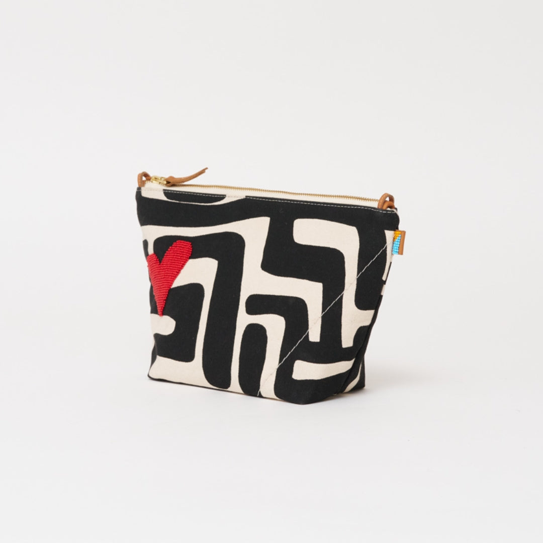 XLarge Convertible Pouch - Black Kuba with Beaded Red Heart with Medium Leather Strap