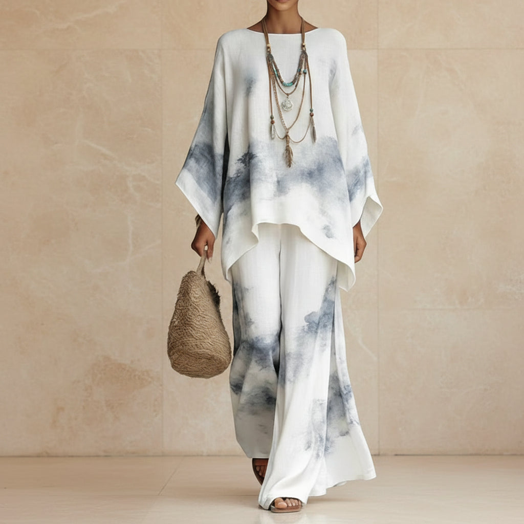 Floral Print Bamboo Linen Two-Piece Set with Wide-Leg Pants