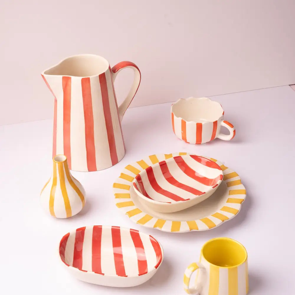 Ceramic Stripe Pitcher, Red- 8.25 x 8.25 x 8 Inches