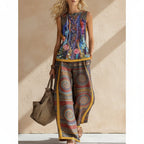 Printed Retro Sleeveless Top & Wide-Leg Pants Set | 12 Prints S–5XL
