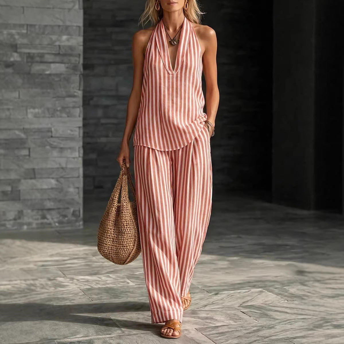 Women's Striped Sleeveless Top & Wide-Leg Pants Two-Piece Set