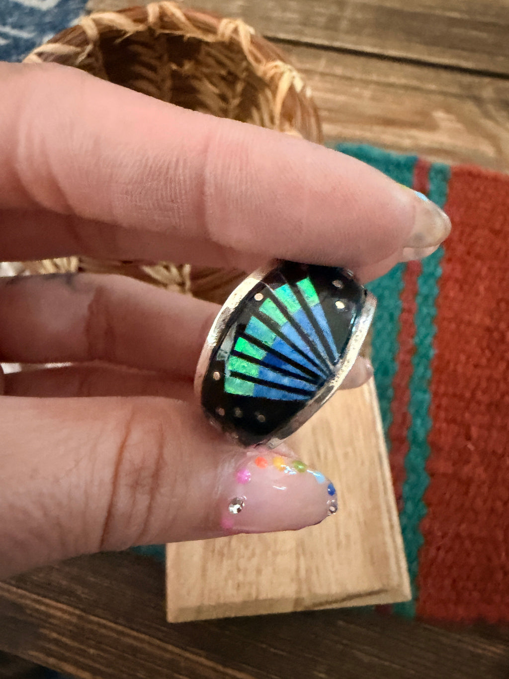 Handcrafted Multi Stone & Sterling Silver Inlay Ring Size 10 by Gilbert Smith