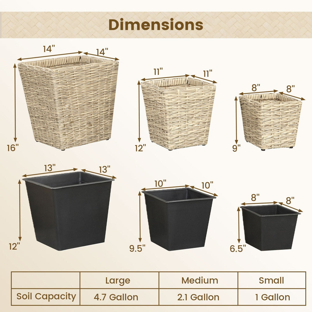 Rattan Planter Box Set - 3 Piece with Removable Liners