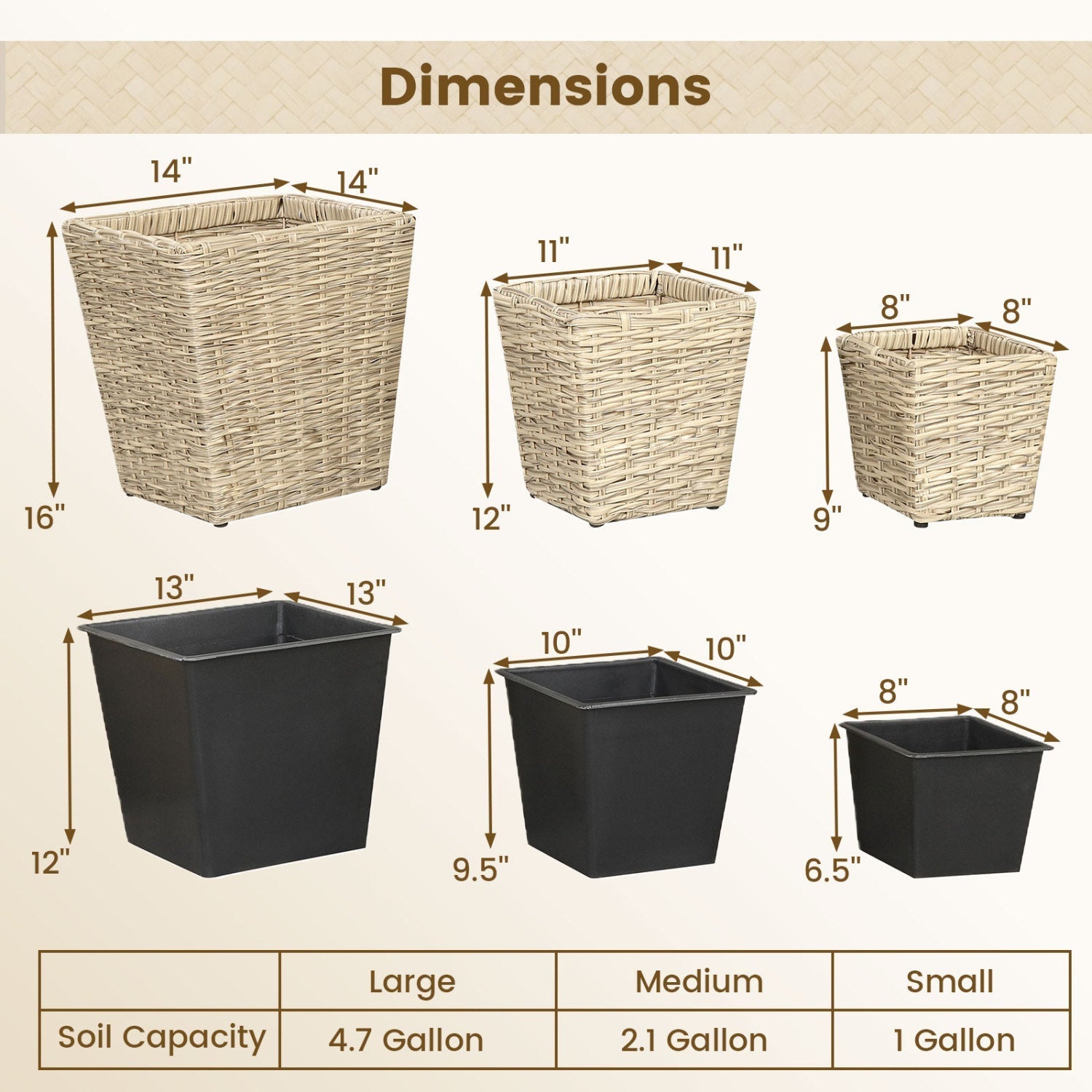 Rattan Planter Box Set - 3 Piece with Removable Liners