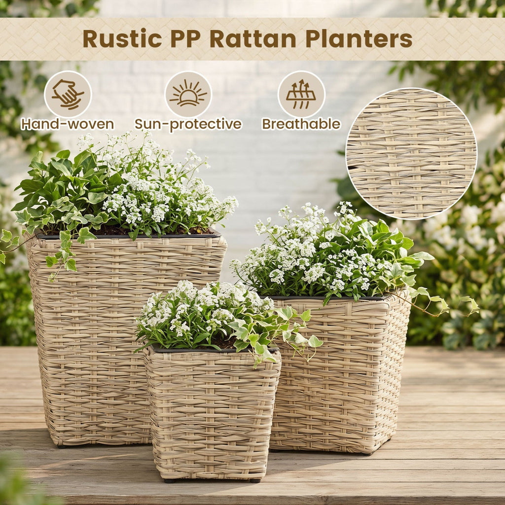 Rattan Planter Box Set - 3 Piece with Removable Liners