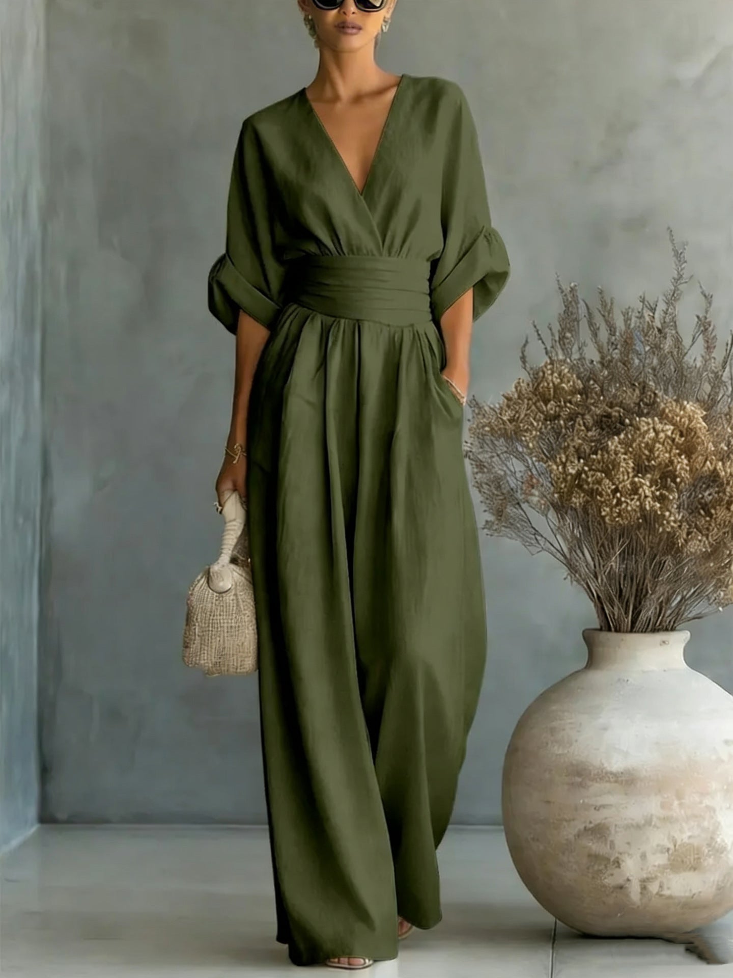 Women's V-Neck Wide-Leg Jumpsuit – High Waist Pleated Elegant
