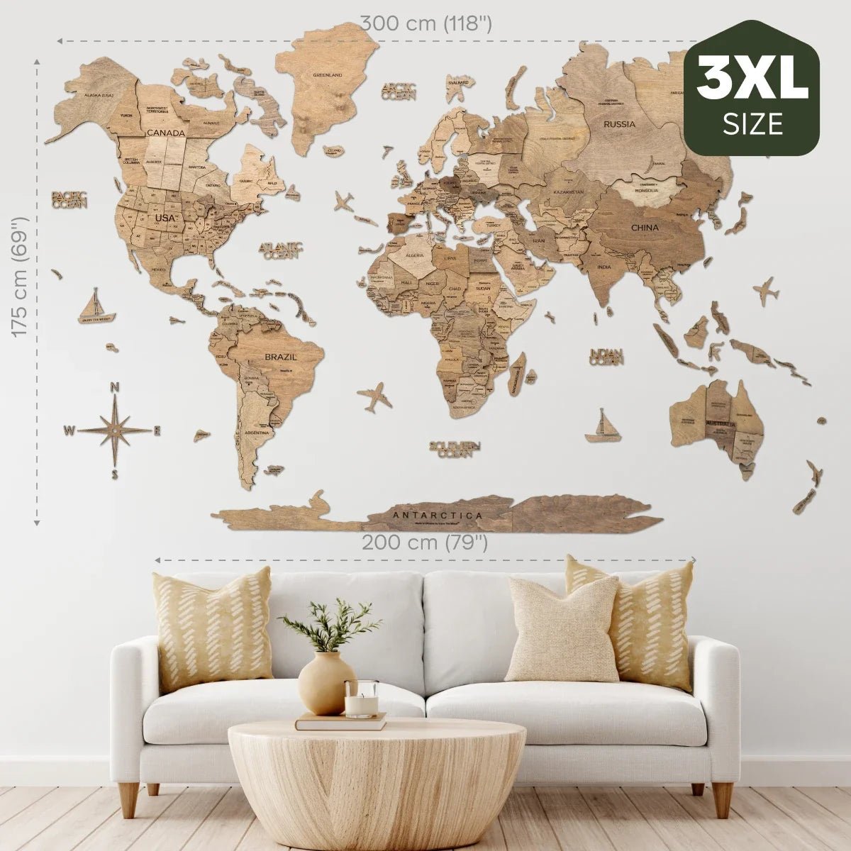 3D Wooden World Map Terra - Che Cose Belle