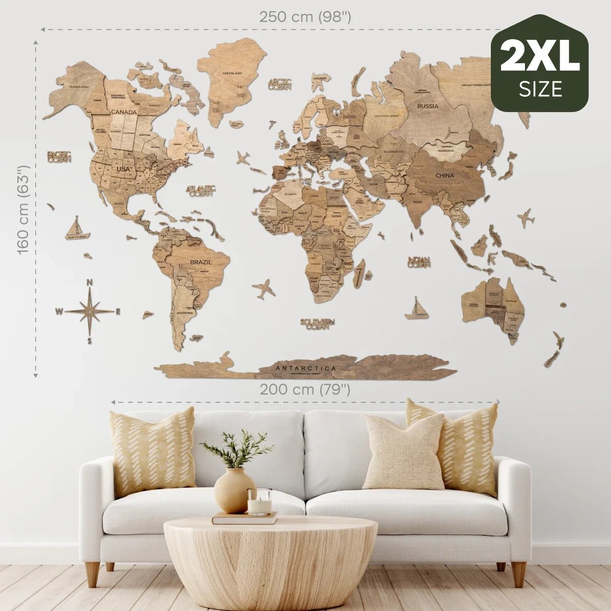 3D Wooden World Map Terra - Che Cose Belle