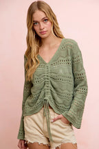 BiBi Pointelle Knit V Neck Ruched Front Lightweight Top