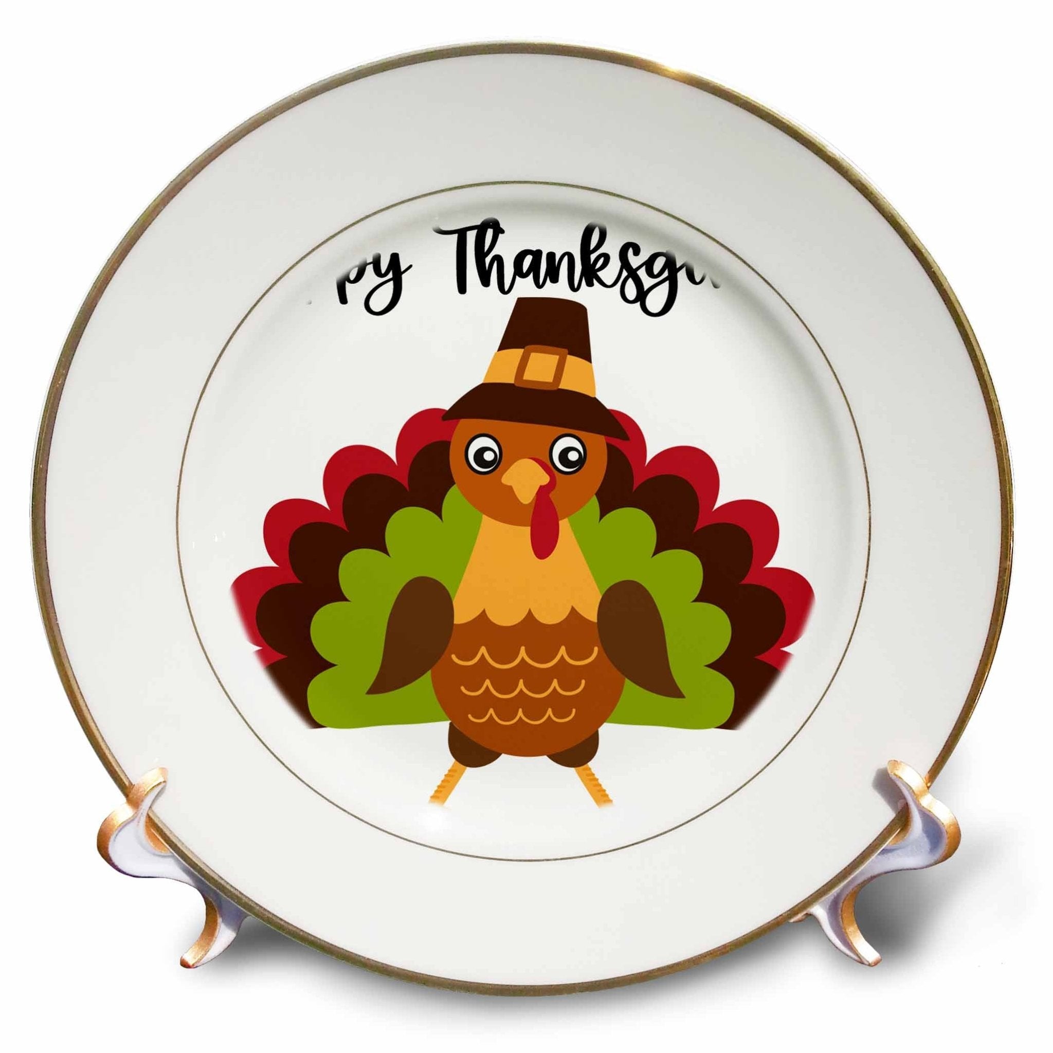 3dRose Happy Thanksgiving Cute and Colorful Turkey In A Pilgrim Hat - Plates (cp-369937) - Che Cose Belle
