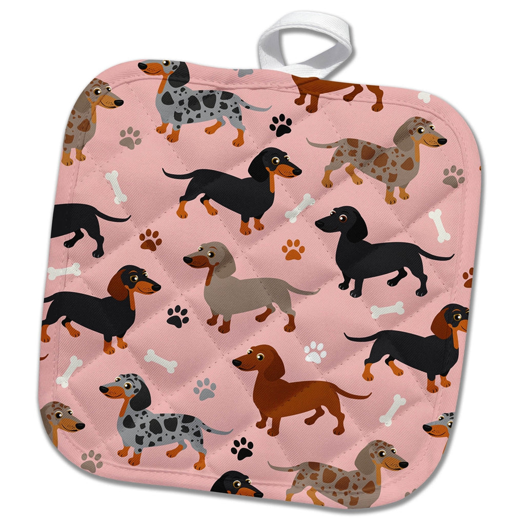 3dRose Janna Salak Designs Dogs - Cute Dachshund Pattern Pink Weiner Dog - Potholders (phl_283604) - Che Cose Belle