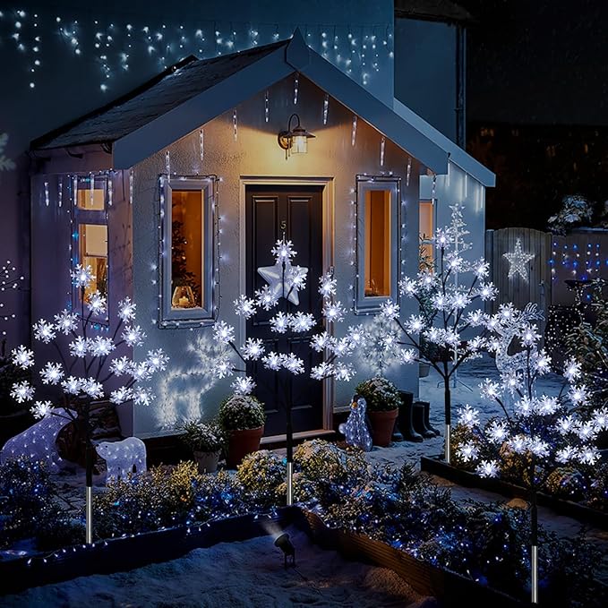 4 - Pack 80LED Solar Snowflake Stake Lights - 8 Modes, Waterproof Outdoor Christmas Decorations for Garden, Yard, Pathway, Walkway - Che Cose Belle